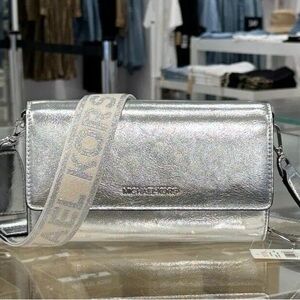 Michael Kors Silver Jet Set Large Metallic Crossbody Bag
